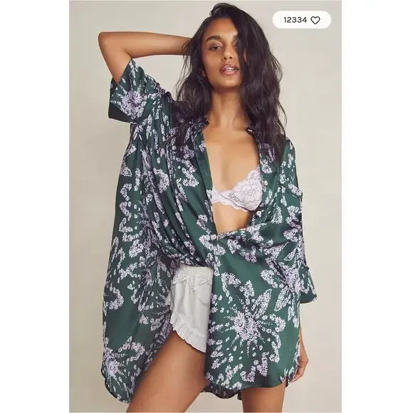 Free People Goddess Sleep Shirt Emerald Combo Floral XS Intimately - Picture 1 of 6